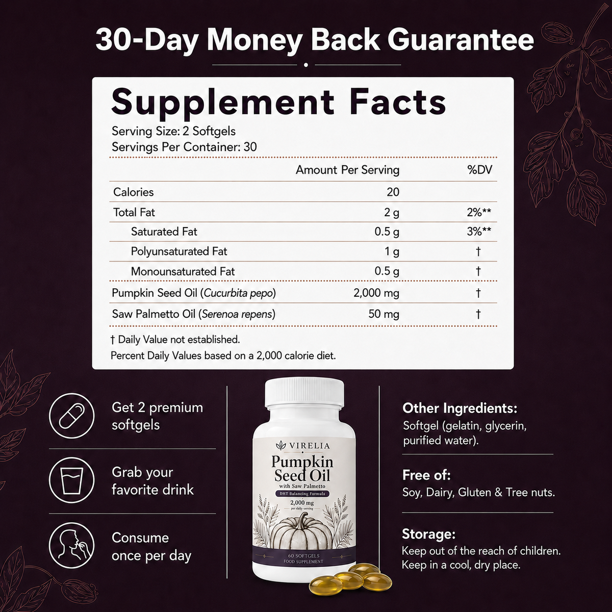 VIRELIA Pumpkin Seed Oil Softgels – Naturally Improves Bladder Comfort & Kidney Wellness