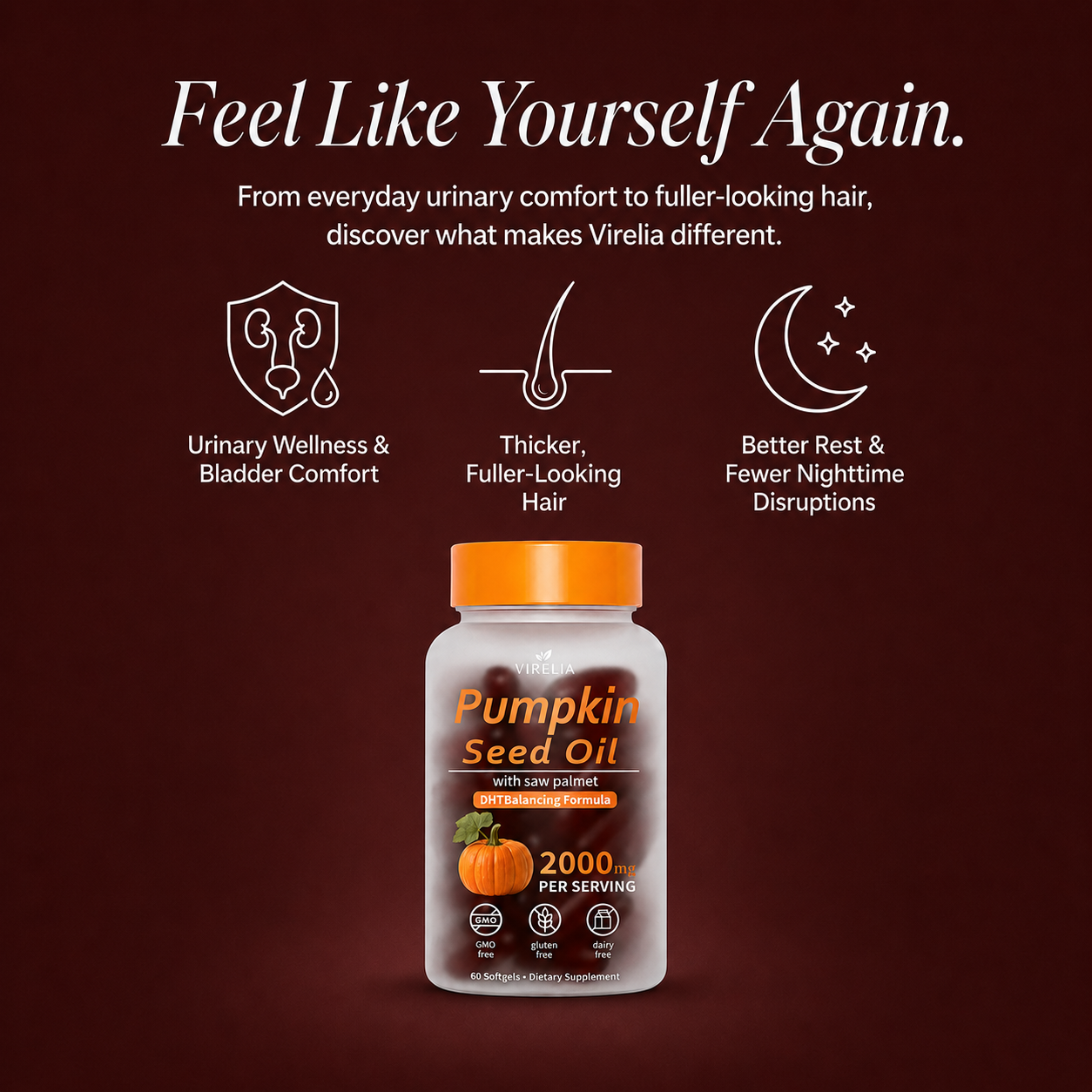 VIRELIA Pumpkin Seed Oil Softgels – Naturally Improves Bladder Comfort & Kidney Wellness