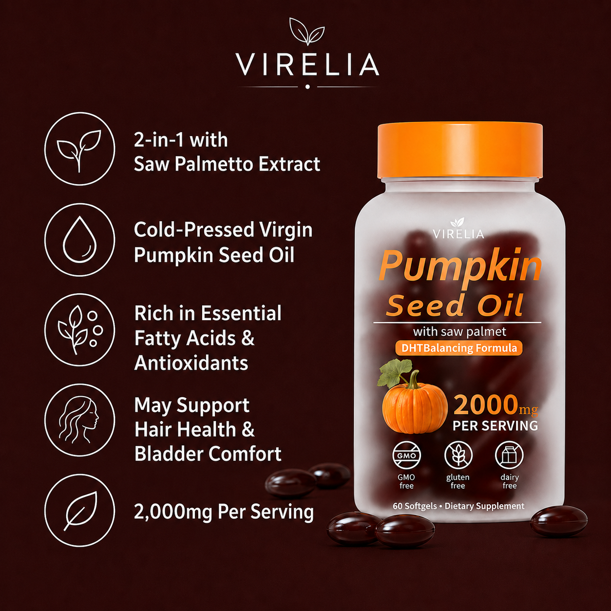 VIRELIA Pumpkin Seed Oil Softgels – Naturally Improves Bladder Comfort & Kidney Wellness