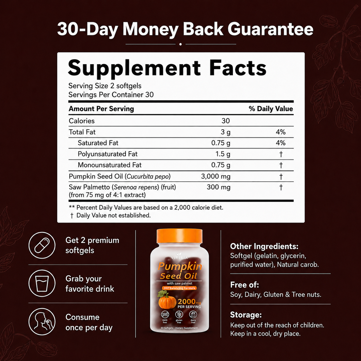 VIRELIA Pumpkin Seed Oil Softgels – Naturally Improves Bladder Comfort & Kidney Wellness